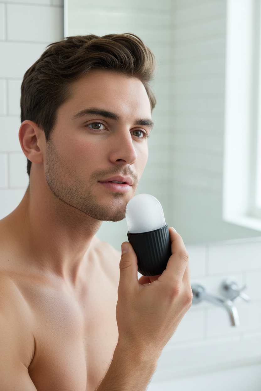 Attractive young man using ice roller on jawline